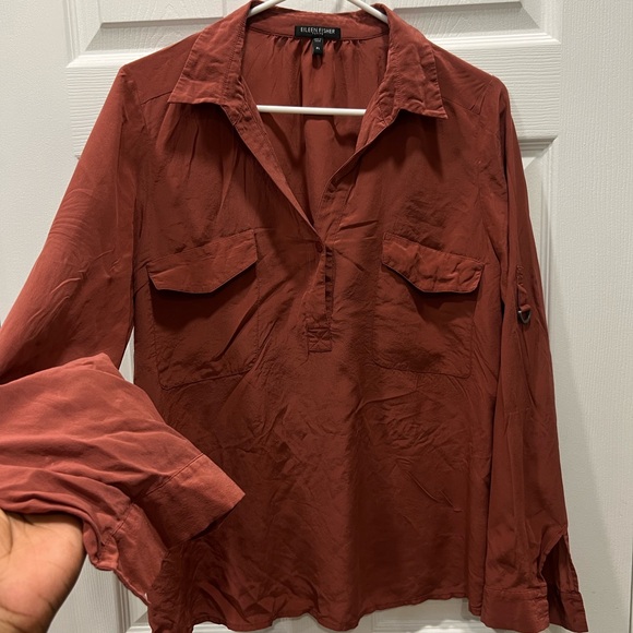 EILEEN FISHER 100% SILK LONG SLEEVE  BLOUSE/SHIRT/TOP  size petite large - Picture 2 of 7